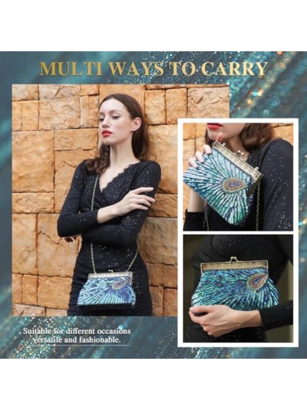 Vintage 1920s Beaded Sequin Peacock Evening Clutch Bag for Party & Wedding - Picture 3 of 6